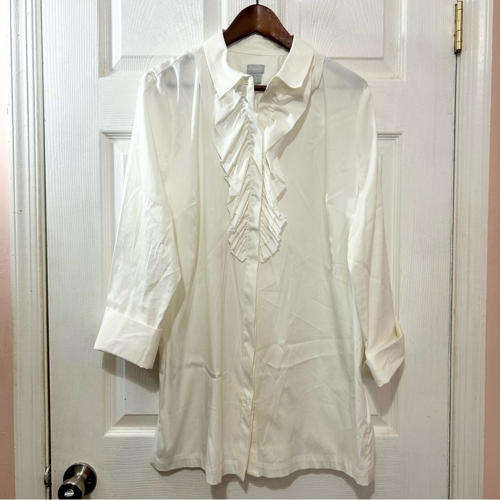 Chico's Tunic Shirt Ruffle Front Poplin Button Down White Size 16/18 (3)